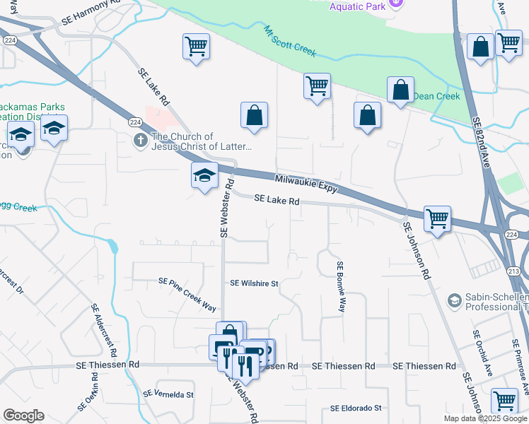 map of restaurants, bars, coffee shops, grocery stores, and more near 7100 Southeast Lake Road in Milwaukie