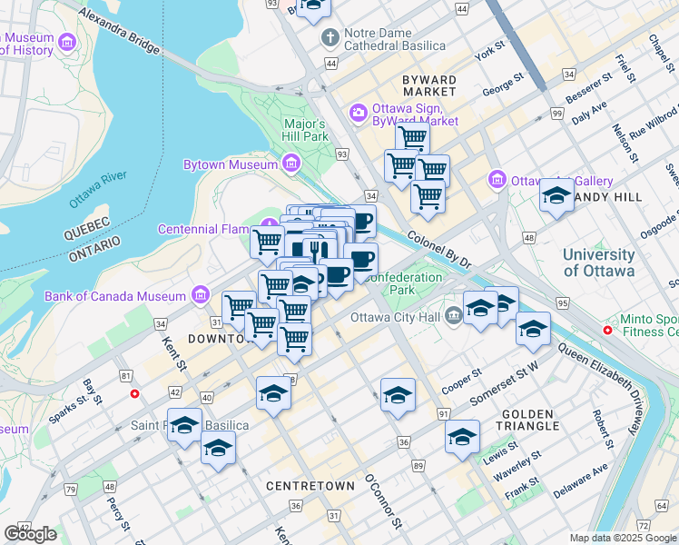 map of restaurants, bars, coffee shops, grocery stores, and more near 46 1/2 Sparks Street in Ottawa