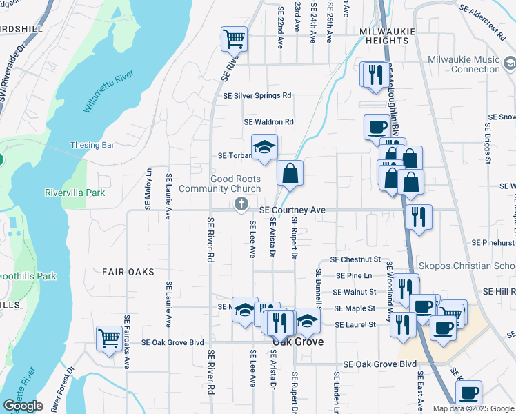 map of restaurants, bars, coffee shops, grocery stores, and more near 2013 Southeast Courtney Road in Milwaukie