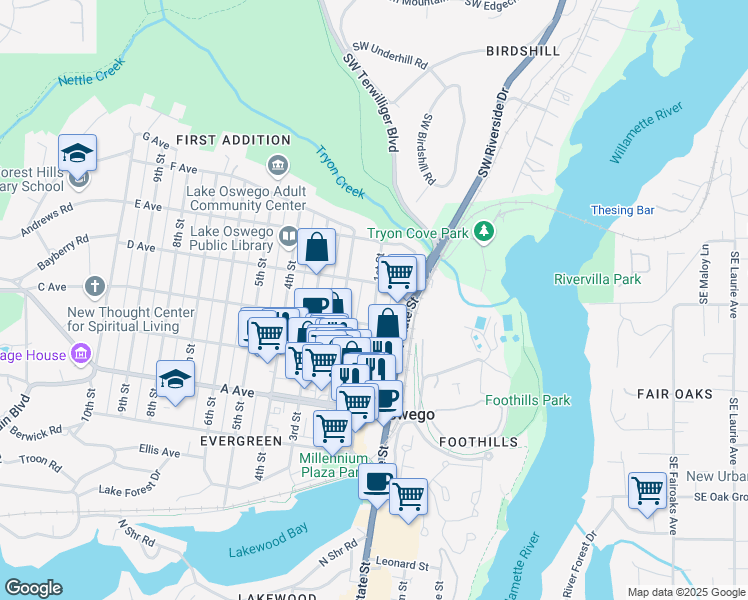 map of restaurants, bars, coffee shops, grocery stores, and more near 652 1st Street in Lake Oswego