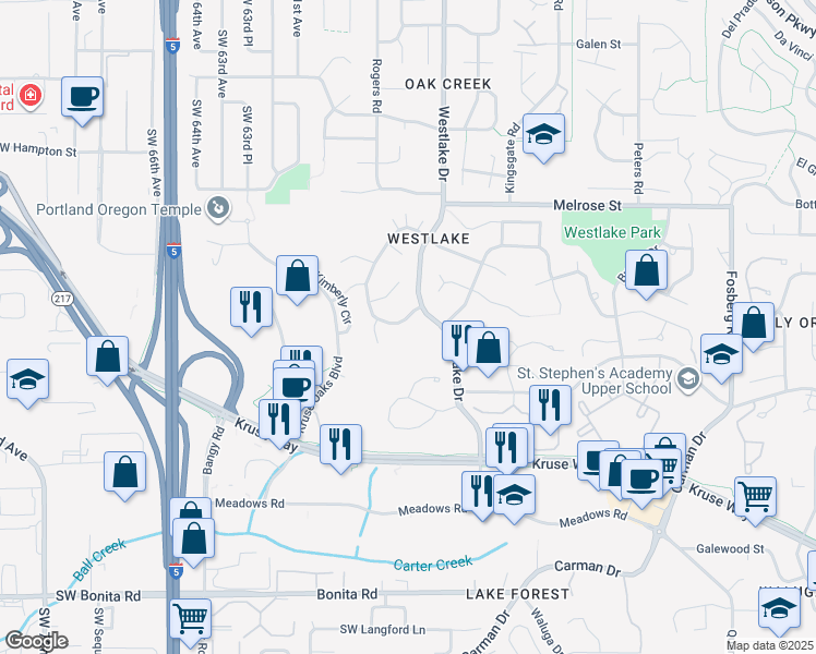 map of restaurants, bars, coffee shops, grocery stores, and more near 14363 Amberwood Circle in Lake Oswego