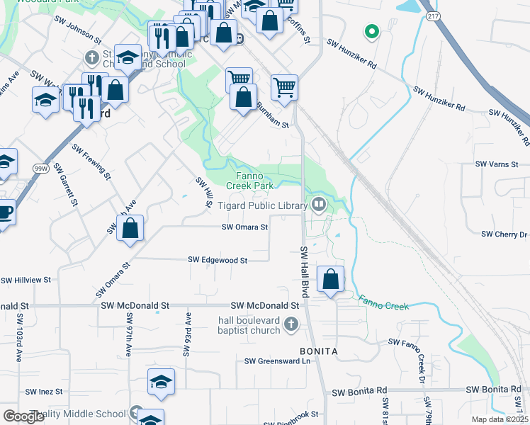 map of restaurants, bars, coffee shops, grocery stores, and more near 8803 Southwest Omara Street in Tigard