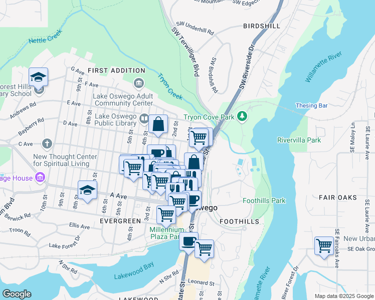 map of restaurants, bars, coffee shops, grocery stores, and more near 148 D Avenue in Lake Oswego