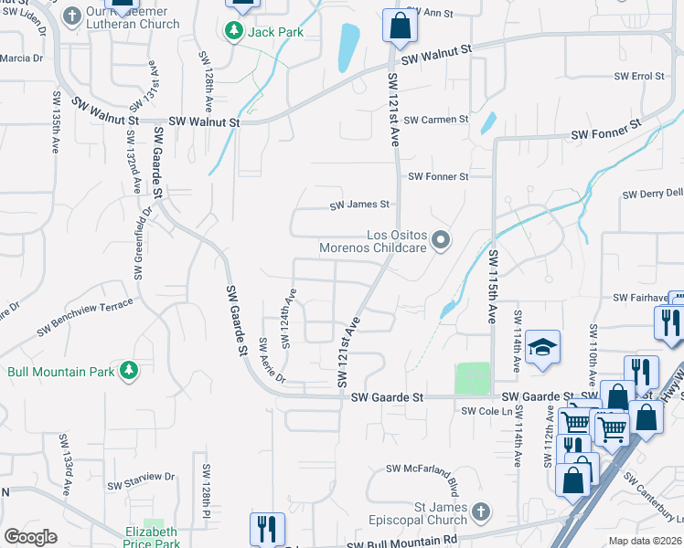 map of restaurants, bars, coffee shops, grocery stores, and more near 12218 Southwest Hollow Lane in Tigard
