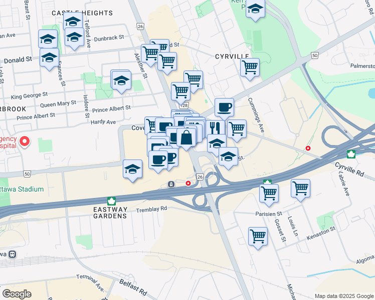 map of restaurants, bars, coffee shops, grocery stores, and more near in Ottawa