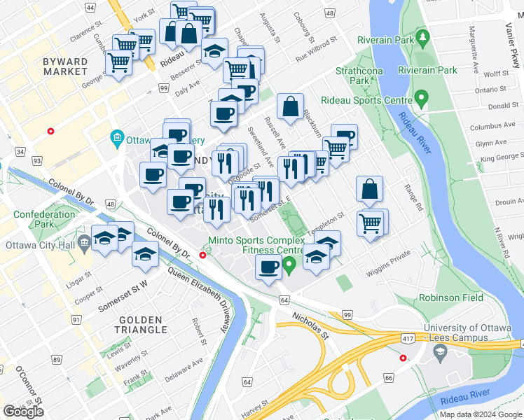 map of restaurants, bars, coffee shops, grocery stores, and more near 673 King Edward Avenue in Ottawa