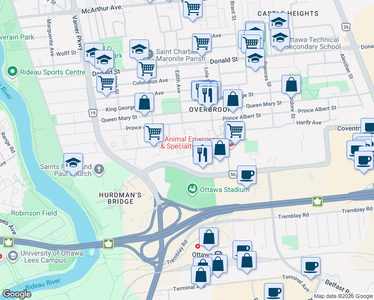 map of restaurants, bars, coffee shops, grocery stores, and more near 268 Presland Road in Ottawa