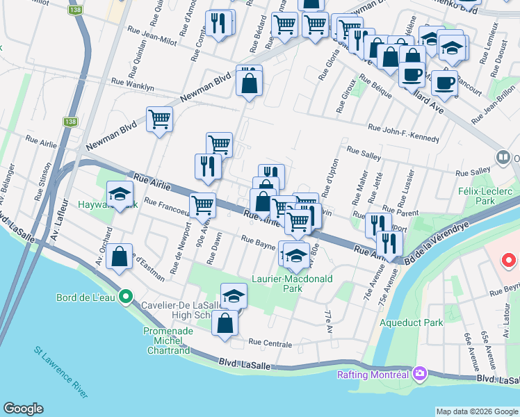 map of restaurants, bars, coffee shops, grocery stores, and more near 9229 Rue Airlie in Montrã©Al