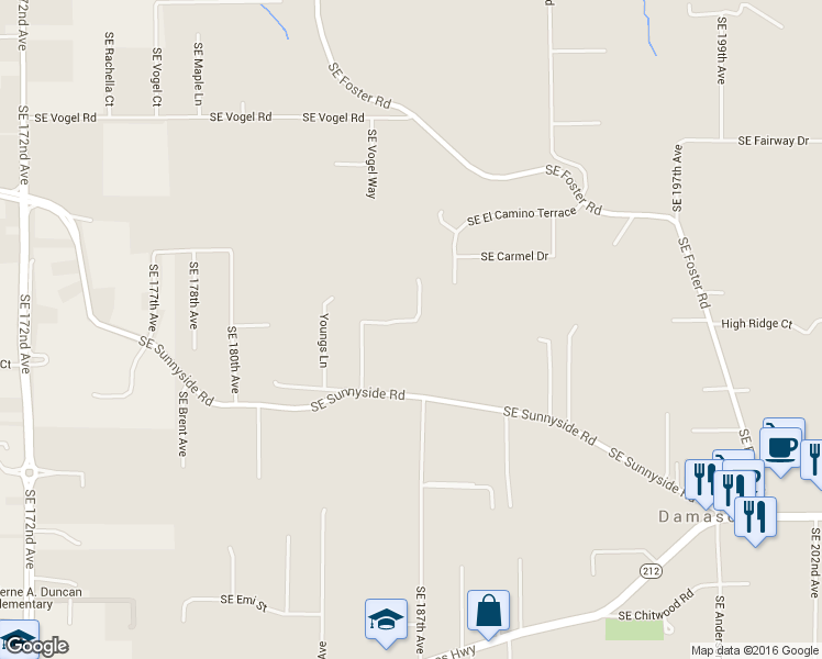 map of restaurants, bars, coffee shops, grocery stores, and more near 18685 Southeast Sunnyside Road in Damascus