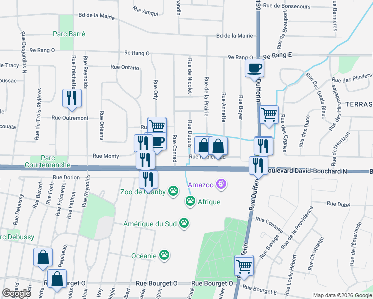 map of restaurants, bars, coffee shops, grocery stores, and more near 18 Rue Dupuis in Granby
