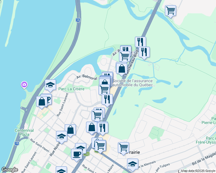 map of restaurants, bars, coffee shops, grocery stores, and more near 50 Boulevard Taschereau in La Prairie