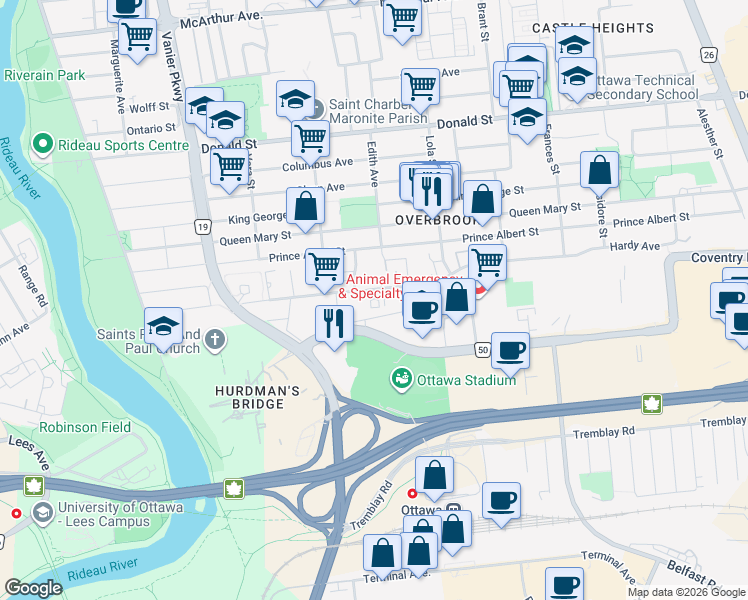 map of restaurants, bars, coffee shops, grocery stores, and more near 254 Presland Road in Ottawa