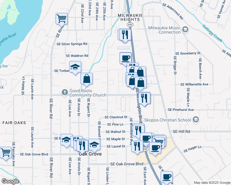 map of restaurants, bars, coffee shops, grocery stores, and more near 2545 Southeast Courtney Avenue in Milwaukie