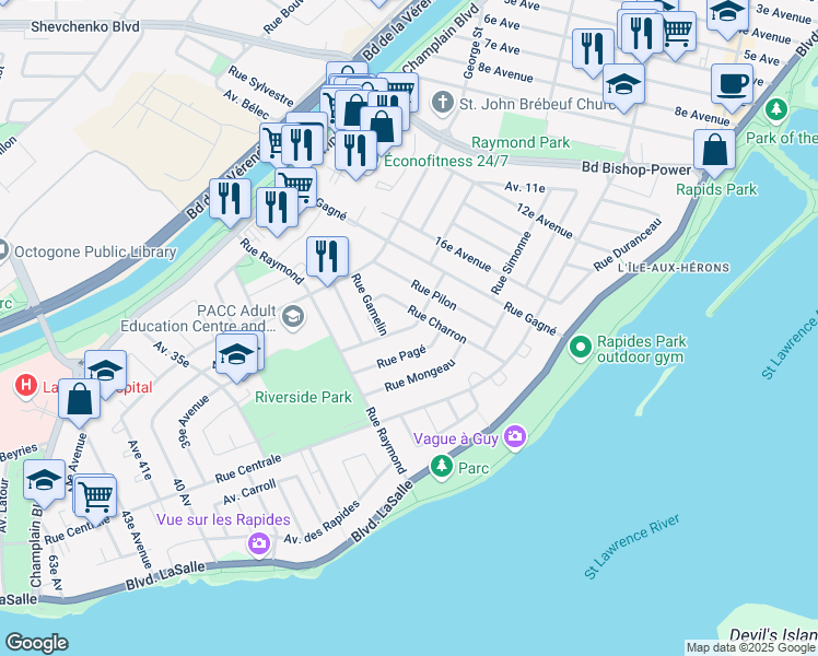 map of restaurants, bars, coffee shops, grocery stores, and more near Rue Lévis Sauvé in Montréal