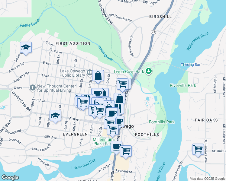 map of restaurants, bars, coffee shops, grocery stores, and more near 672 1st Street in Lake Oswego