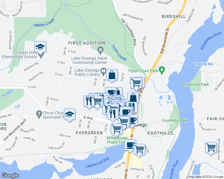 map of restaurants, bars, coffee shops, grocery stores, and more near 667 3rd Street in Lake Oswego
