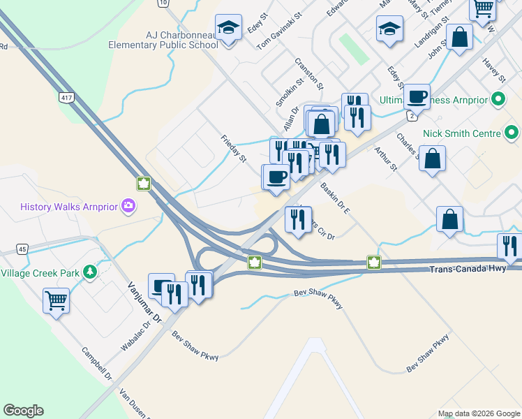 map of restaurants, bars, coffee shops, grocery stores, and more near 60 Staye Court Drive in Arnprior