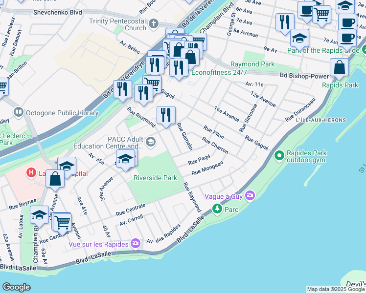 map of restaurants, bars, coffee shops, grocery stores, and more near 720 Rue Gamelin in Montréal