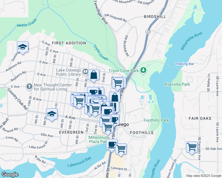 map of restaurants, bars, coffee shops, grocery stores, and more near 670 1st Street in Lake Oswego