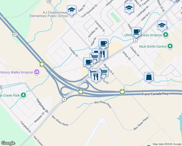 map of restaurants, bars, coffee shops, grocery stores, and more near 266 Daniel Street South in Arnprior