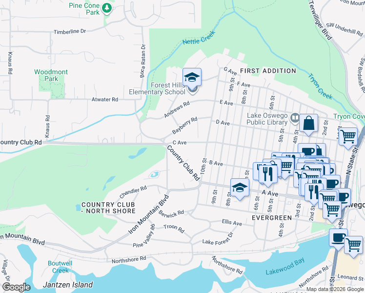 map of restaurants, bars, coffee shops, grocery stores, and more near 1140 C Avenue in Lake Oswego