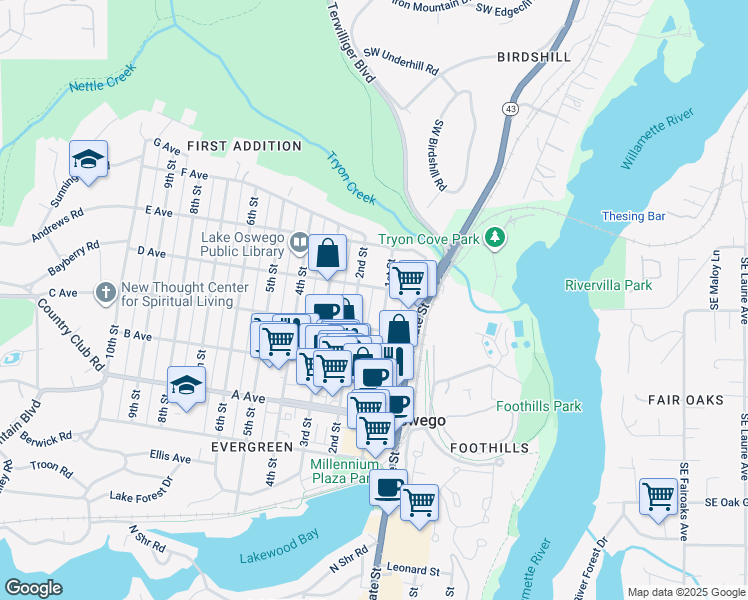map of restaurants, bars, coffee shops, grocery stores, and more near 674 1st Street in Lake Oswego