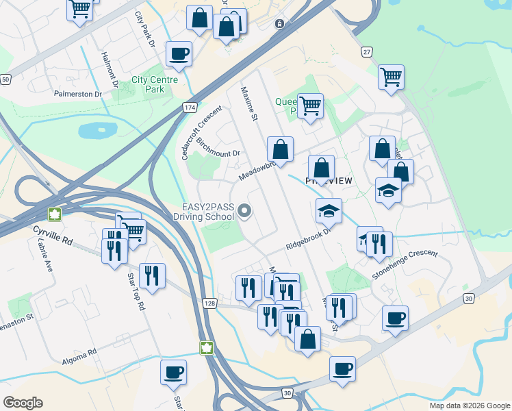 map of restaurants, bars, coffee shops, grocery stores, and more near 1455 Bradshaw Crescent in Ottawa