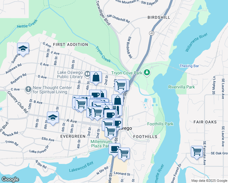 map of restaurants, bars, coffee shops, grocery stores, and more near 672 1st Street in Lake Oswego
