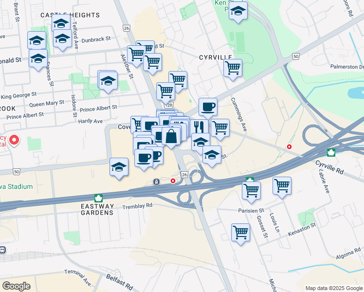 map of restaurants, bars, coffee shops, grocery stores, and more near in Ottawa