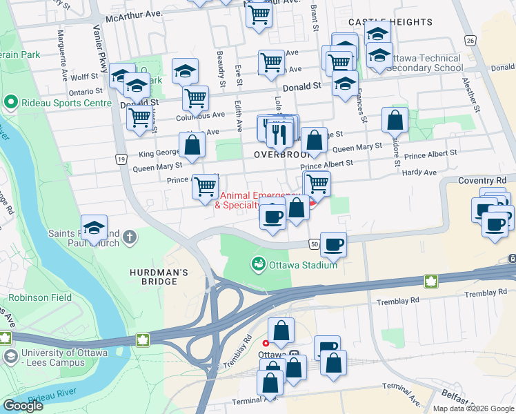 map of restaurants, bars, coffee shops, grocery stores, and more near 280 Presland Road in Ottawa