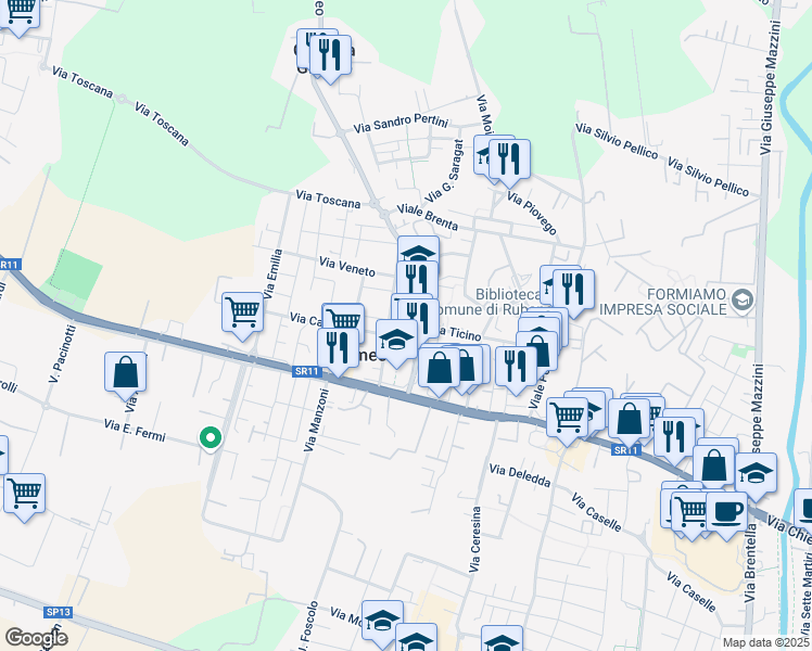 map of restaurants, bars, coffee shops, grocery stores, and more near 9 Via Borromeo in Sarmeola
