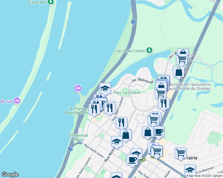 map of restaurants, bars, coffee shops, grocery stores, and more near 70 Rue du Beau-Fort in La Prairie