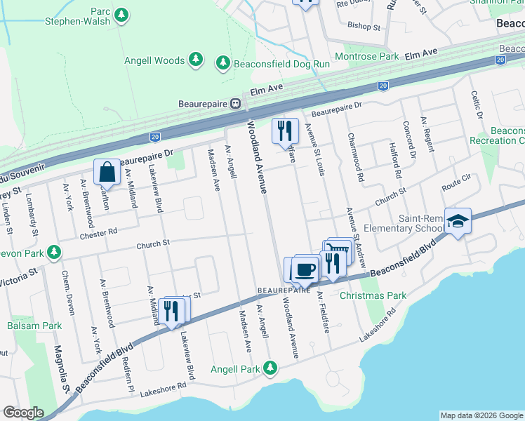map of restaurants, bars, coffee shops, grocery stores, and more near 96 Avenue Woodland in Beaconsfield