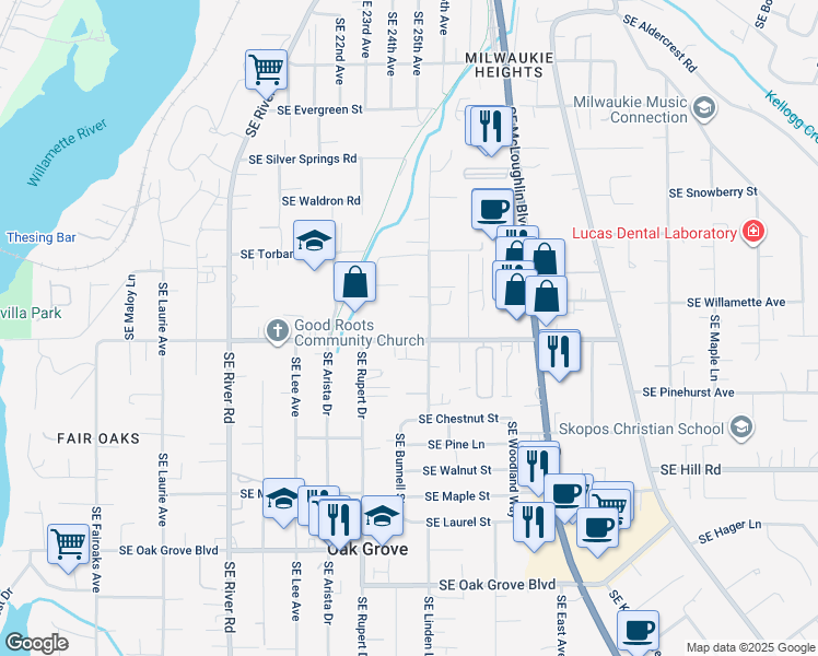 map of restaurants, bars, coffee shops, grocery stores, and more near 2405 Southeast Courtney Avenue in Milwaukie