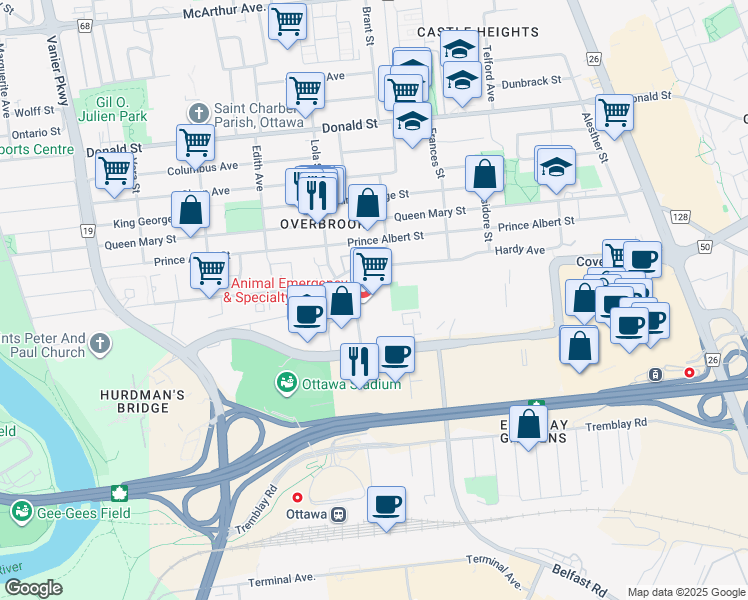 map of restaurants, bars, coffee shops, grocery stores, and more near 1155 Lola Street in Ottawa