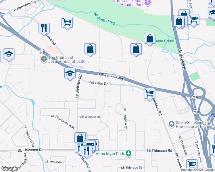 map of restaurants, bars, coffee shops, grocery stores, and more near 13810 Southeast Matilda Drive in Milwaukie