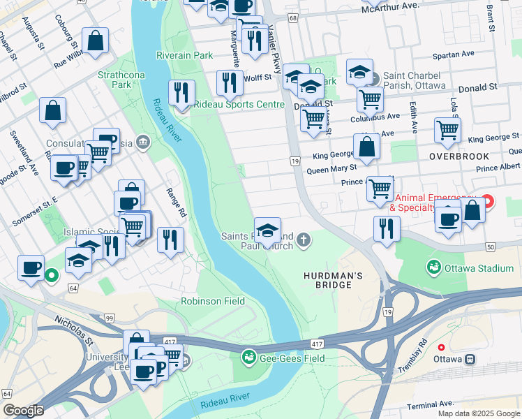 map of restaurants, bars, coffee shops, grocery stores, and more near 50 Drouin Avenue in Ottawa
