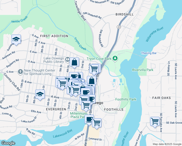 map of restaurants, bars, coffee shops, grocery stores, and more near 31 D Avenue in Lake Oswego