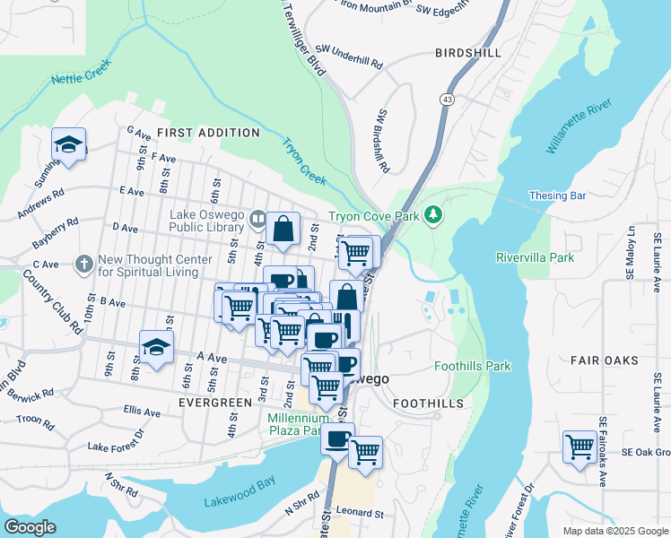 map of restaurants, bars, coffee shops, grocery stores, and more near 148 D Avenue in Lake Oswego