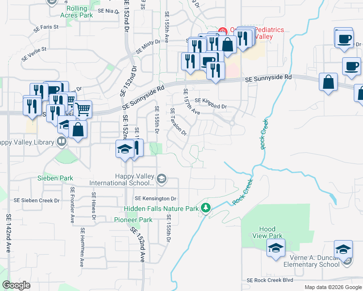 map of restaurants, bars, coffee shops, grocery stores, and more near 13946 Southeast Falcon Avenue in Clackamas