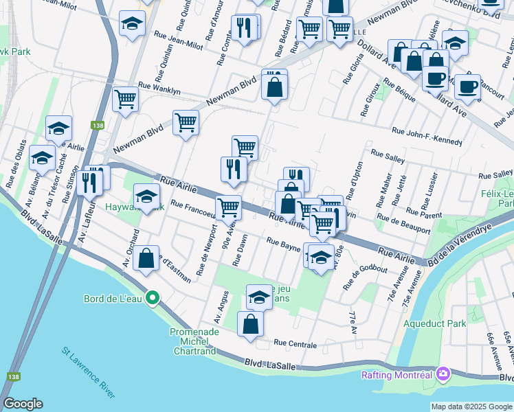 map of restaurants, bars, coffee shops, grocery stores, and more near 9265 Rue Airlie in Montreal