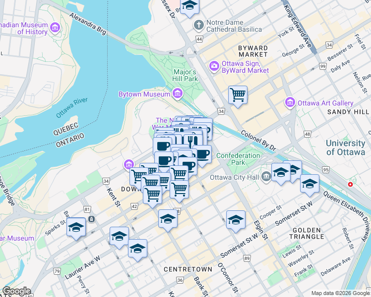 map of restaurants, bars, coffee shops, grocery stores, and more near 90 Sparks Street in Ottawa