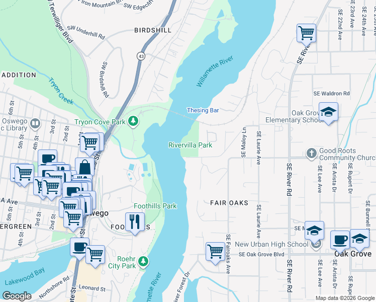map of restaurants, bars, coffee shops, grocery stores, and more near 925 Southeast Courtney Avenue in Milwaukie
