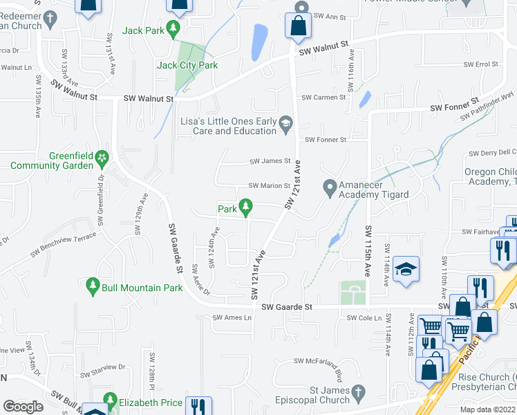 map of restaurants, bars, coffee shops, grocery stores, and more near 12218 Southwest Hollow Lane in Tigard