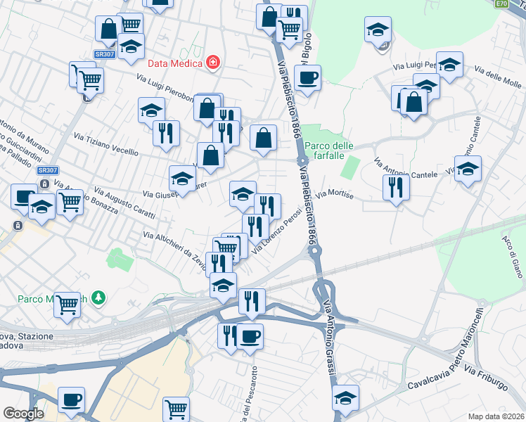 map of restaurants, bars, coffee shops, grocery stores, and more near 7 Via Federico Chopin in Padova