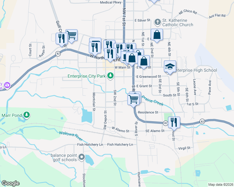 map of restaurants, bars, coffee shops, grocery stores, and more near 401 Southwest 2nd Street in Enterprise