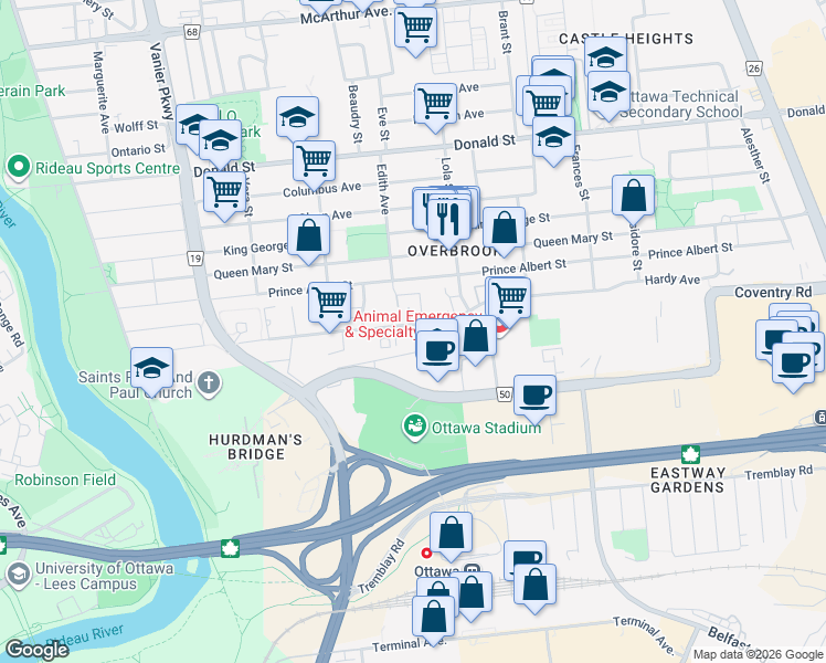 map of restaurants, bars, coffee shops, grocery stores, and more near 280 Presland Road in Ottawa