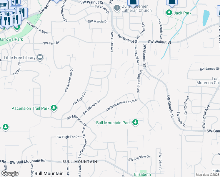 map of restaurants, bars, coffee shops, grocery stores, and more near 13386 Southwest Hillshire Drive in Portland