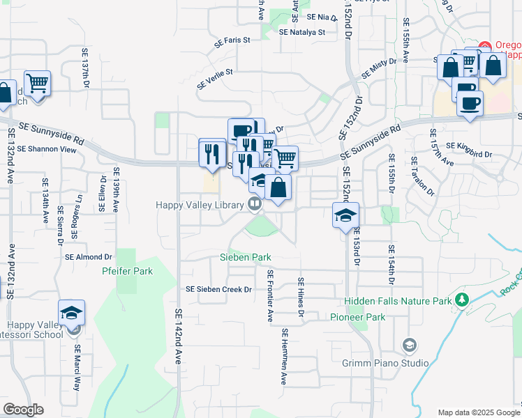 map of restaurants, bars, coffee shops, grocery stores, and more near 13677 Southeast 147th Avenue in Happy Valley