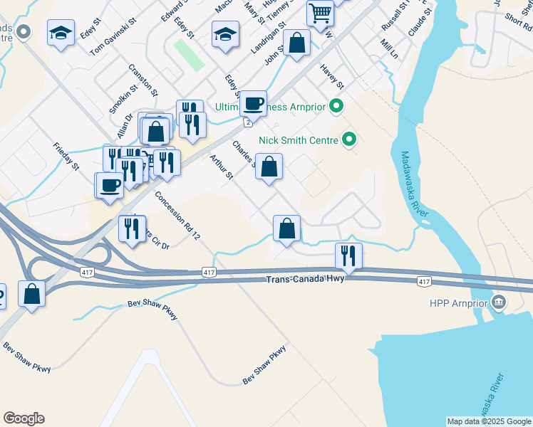 map of restaurants, bars, coffee shops, grocery stores, and more near 106 Arthur Street in Arnprior